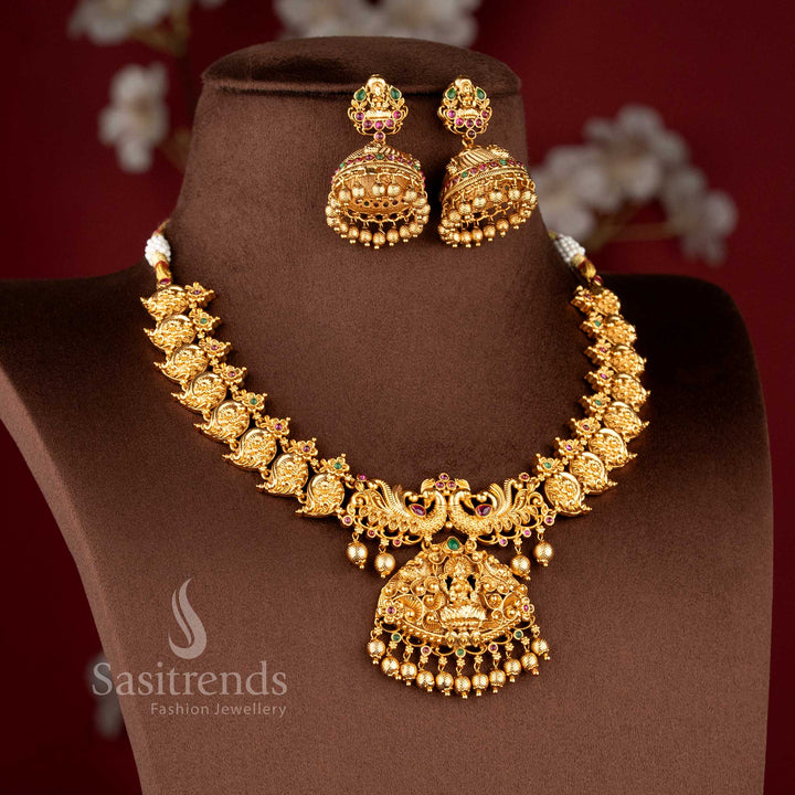 Traditional south indian jewellery set with lakshmi motif peacock design ruby green stone combination for bridal saree sasitrends