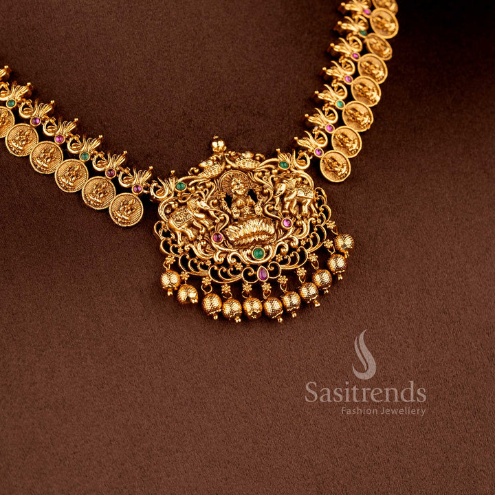 temple matte gold plated lakshmi coin bridal necklace set with grand pendant and traditional jhumka earrings sasitrends