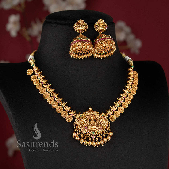 temple matte gold plated lakshmi coin bridal necklace set with grand pendant and traditional jhumka earrings sasitrends