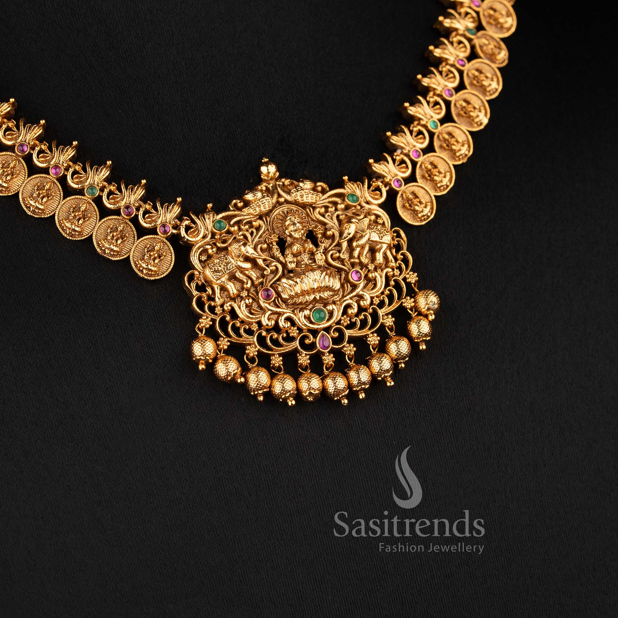 Temple matte gold plated lakshmi coin bridal necklace set with grand pendant and traditional jhumka earrings sasitrends
