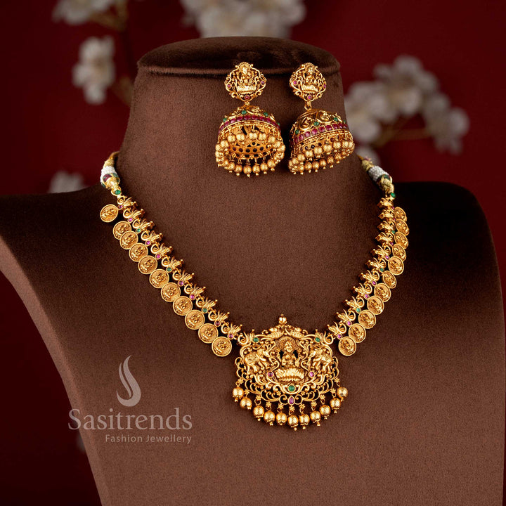 Heavy bridal necklace set with temple design coin pattern central pendant and hanging beads for wedding wear sasitrends