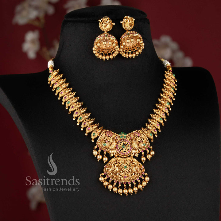 heavy bridal necklace set with temple design floral pattern central pendant and hanging beads for wedding wear sasitrends