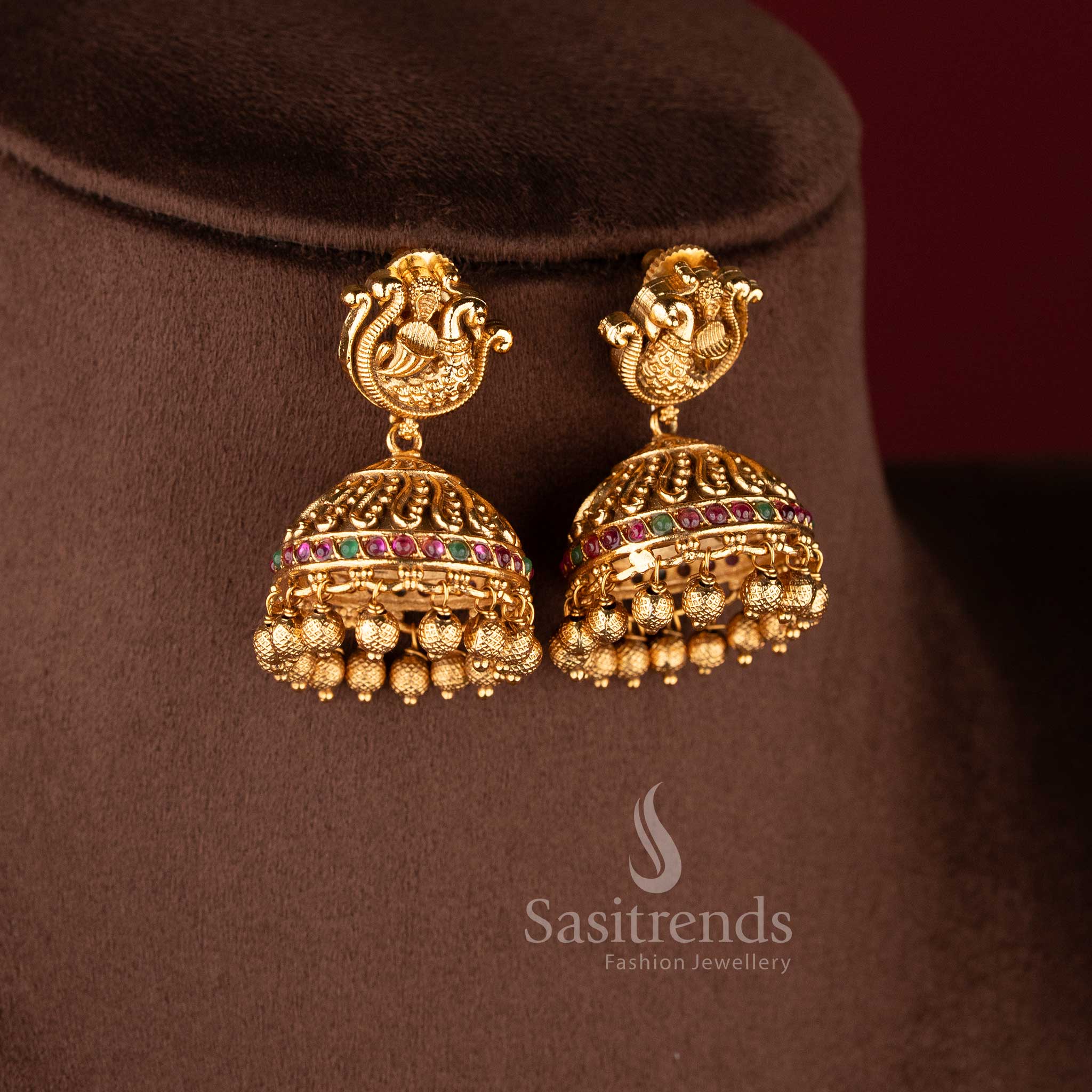 temple matte gold plated lakshmi floral bridal necklace set with detailed pendant and jhumka earrings sasitrends