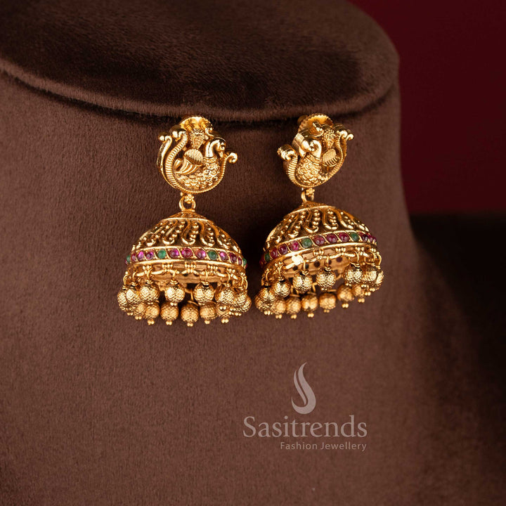 temple matte gold plated lakshmi floral bridal necklace set with detailed pendant and jhumka earrings sasitrends