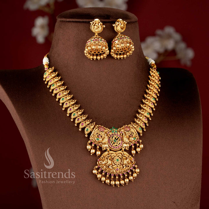 Gorgeous Bridal Wear Temple Premium Matte Gold Tone Peacock Floral Dual Pendant Necklace Jewellery Set with Jhumkas - Latest Traditional Jewellery for Women
