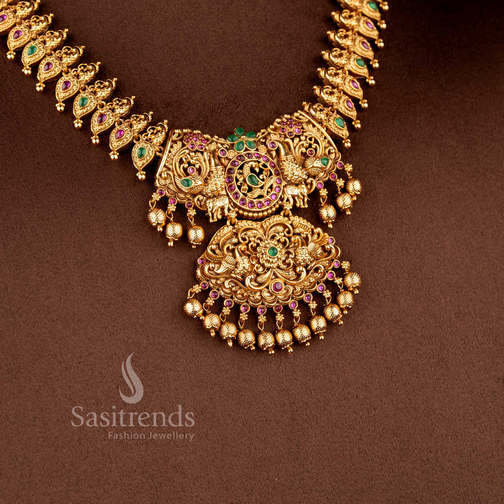 temple matte gold plated lakshmi floral bridal necklace set with detailed pendant and jhumka earrings sasitrends