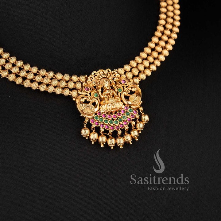 Traditional bridal temple jewellery set with lakshmi pendant and multi layer gold beads necklace for wedding sasitrends