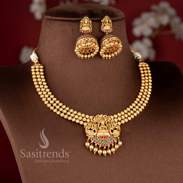 heavy bridal temple jewellery set with lakshmi pendant and gold beads chain for wedding look - Sasitrends