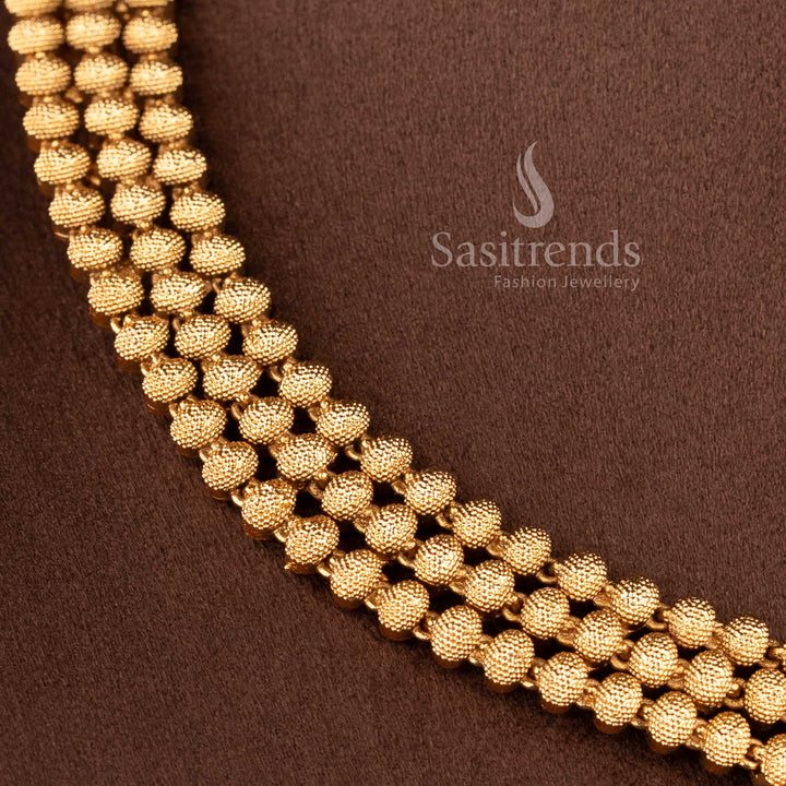 Bridal temple jewellery set with lakshmi pendant and gold beads chain for wedding look sasitrends
