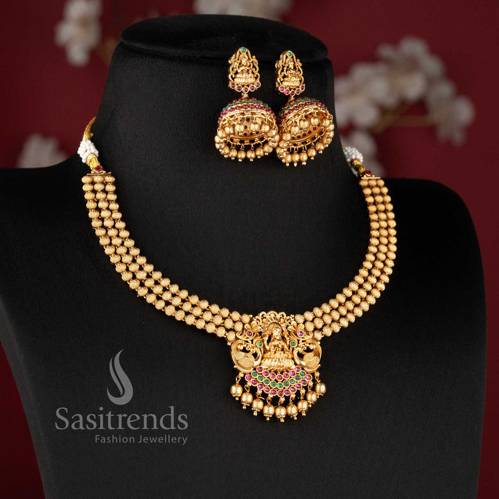Temple jewellery set for marriage with lakshmi motif multi layer gold beads necklace sasitrends