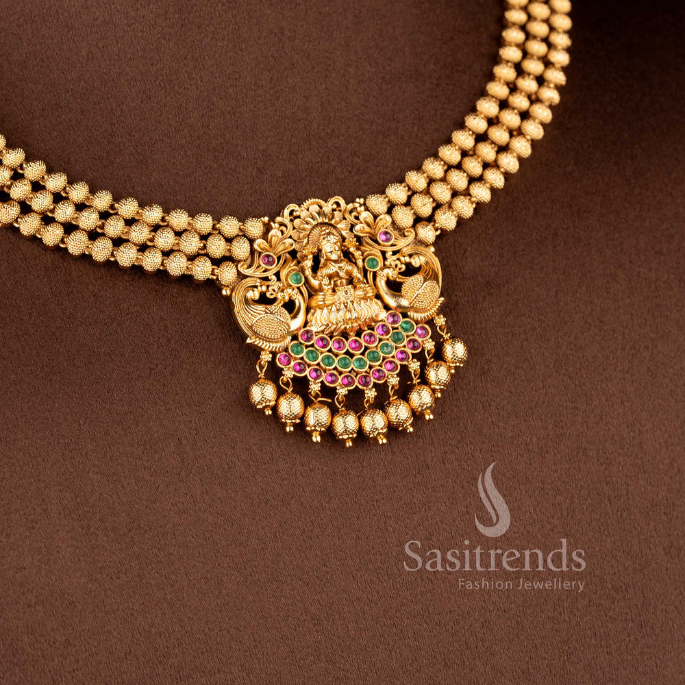 Lakshmi temple jewellery set with layered gold beads necklace for bridal wedding and festive wear sasitrends