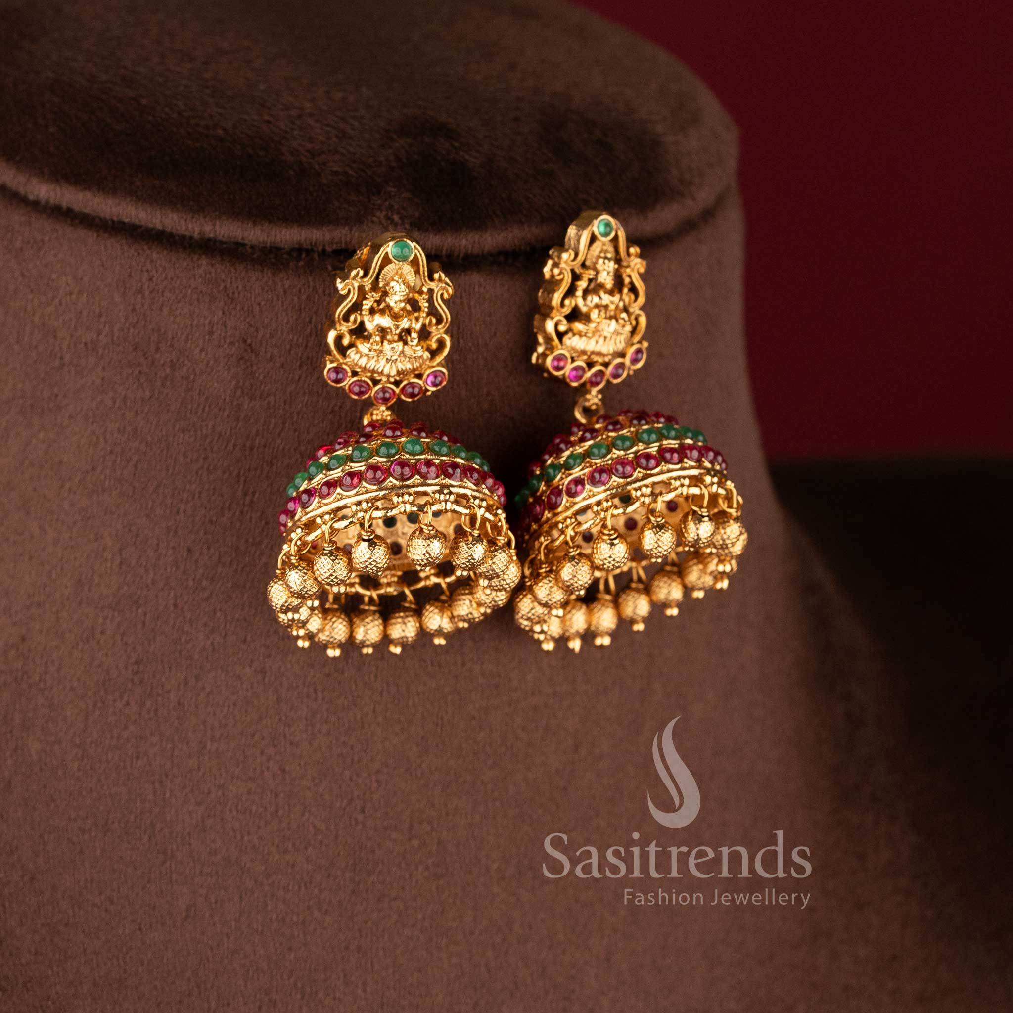Bridal temple jewellery set with lakshmi pendant multi layer gold beads necklace for wedding marriage saree wear sasitrends