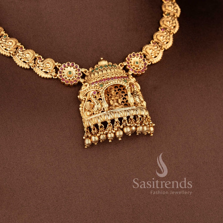 Grand Temple Jewellery Set for brides featuring a massive Lakshmi courtyard pendant and peacock-linked choker band - Sasitrends"