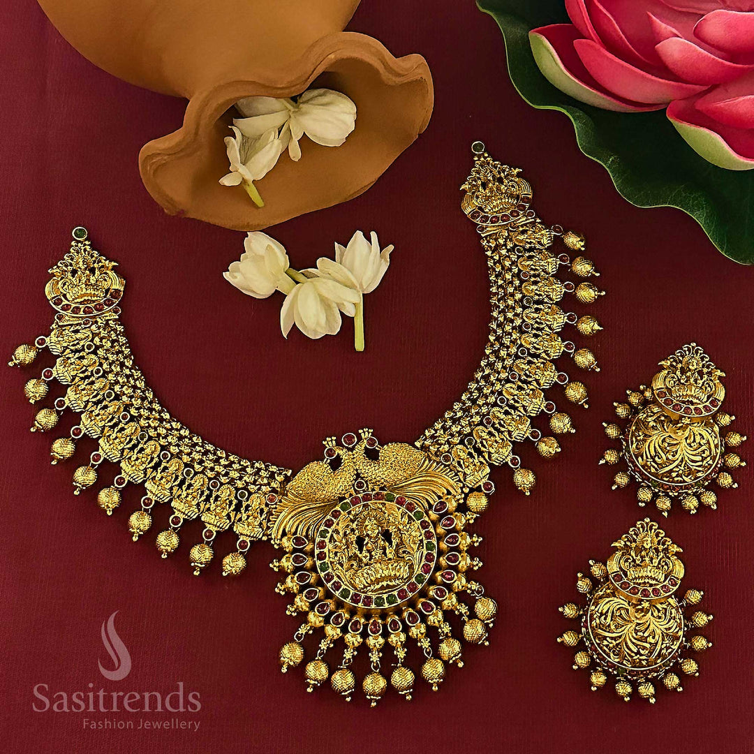 Matte Gold Plated Lakshmi Peacock Pendant Choker Necklace & Jhumkas Set - Traditional Indian Jewelry - Sasitrends
