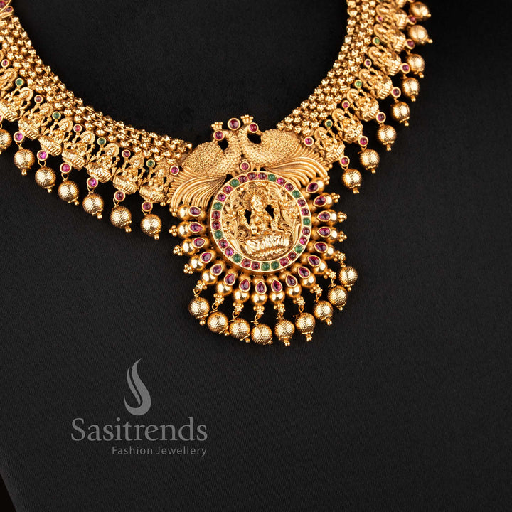 Traditional Lakshmi-stud jhumkas with bell domes and bead clusters from the temple jewellery for marriage collection - Sasitrends