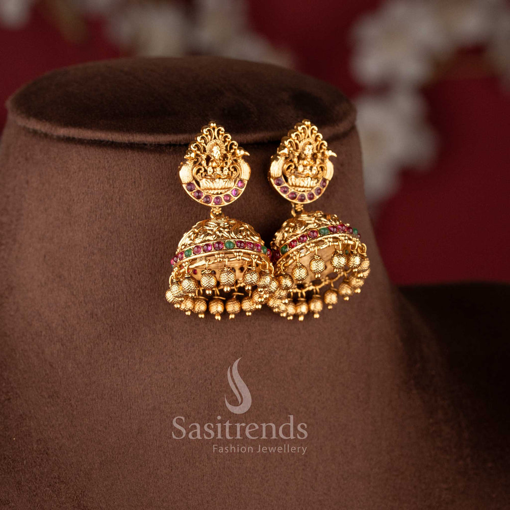 Traditional Lakshmi-stud jhumkas with bell domes and bead clusters from the temple jewellery for marriage collection - Sasitrends