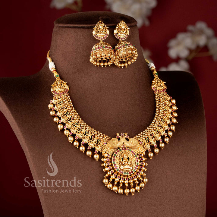 Elegant Bridal Wear Temple Matte Gold Finish Lakshmi Peacock Choker Necklace Jewellery Set - Sasitrends