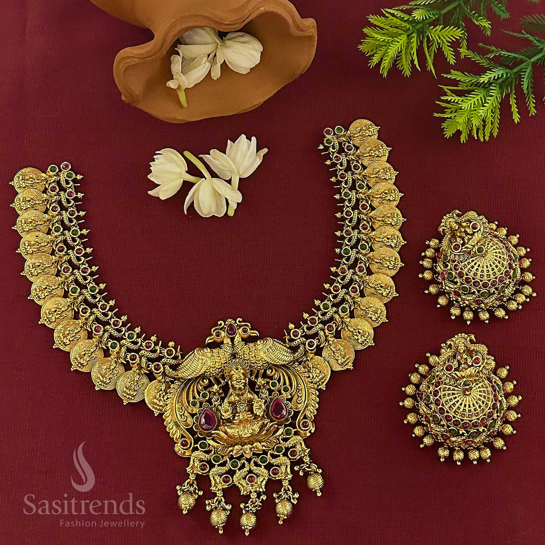 Matte Gold Lakshmi Peacock Choker Necklace & Jhumkas Set - Sasitrends