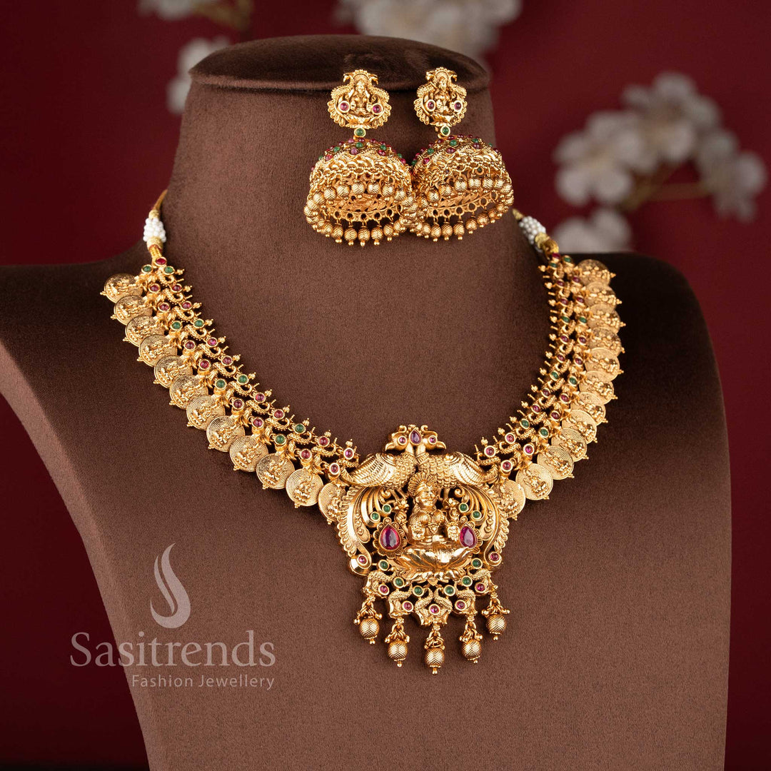 Grand Temple Jewellery Set for brides featuring a seated Lakshmi pendant with twin peacocks and a double-layer coin choker band - Sasitrends