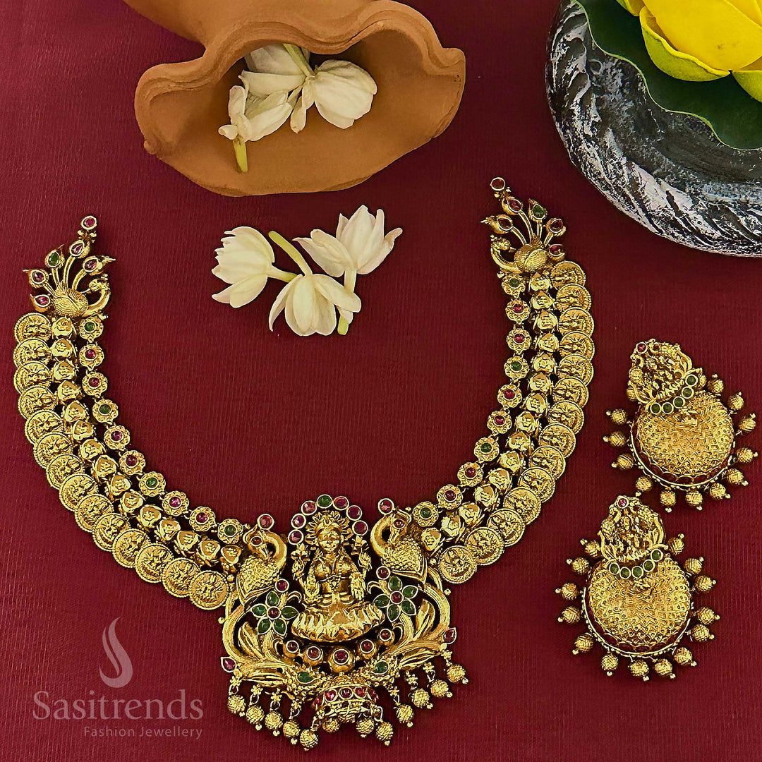 Matte Gold Lakshmi Peacock Choker Necklace Set with Jhumkas - Sasitrends