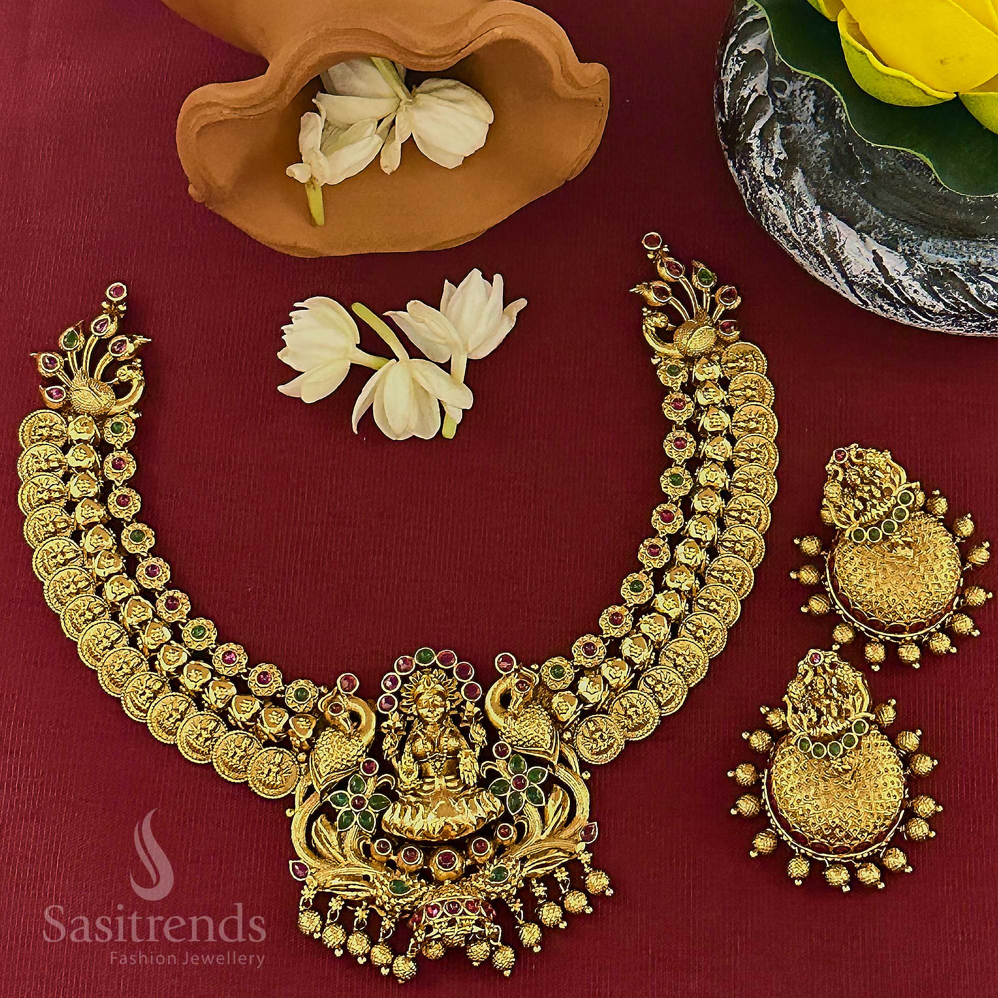 Matte Gold Lakshmi Peacock Choker Necklace Set with Jhumkas - Sasitrends
