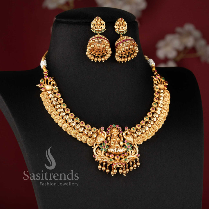 Grand Temple Jewellery Set for brides featuring a seated Lakshmi and peacock pendant on a double-row coin choker band - Sasitrends