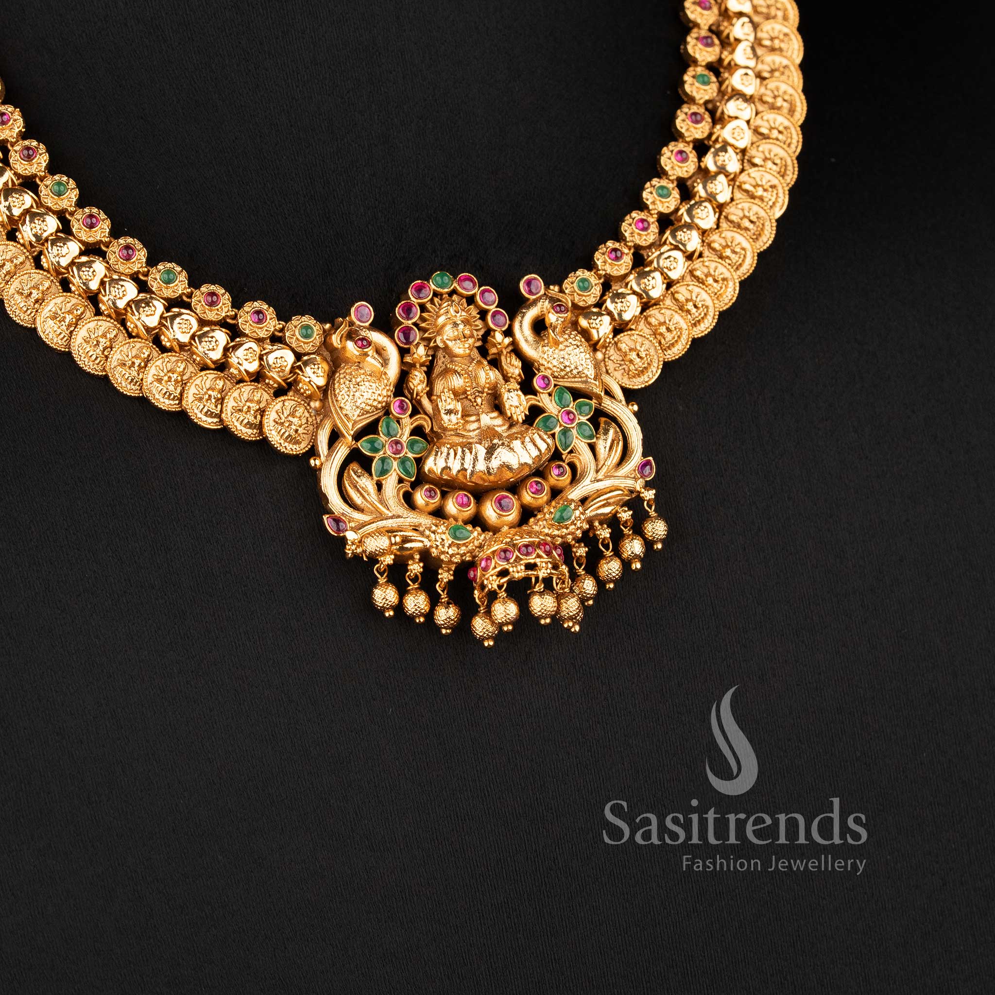 Traditional Lakshmi-stud jhumkas with stone-studded domes and gold bead drops from the temple jewellery for wedding collection - Sasitrends