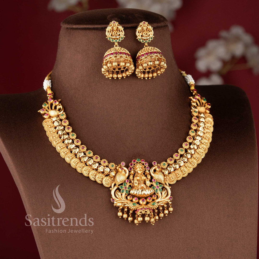 Traditional Lakshmi-stud jhumkas with stone-studded domes and gold bead drops from the temple jewellery for wedding collection - Sasitrends