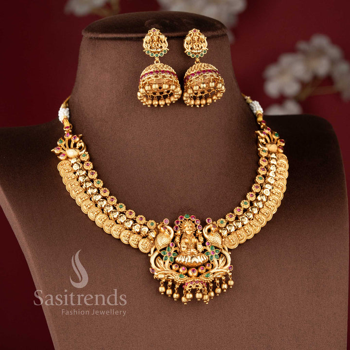 Exquisite Bridal Temple Matte Gold Lakshmi and Peacock Choker Necklace Jewellery Set For Women- Sasitrends