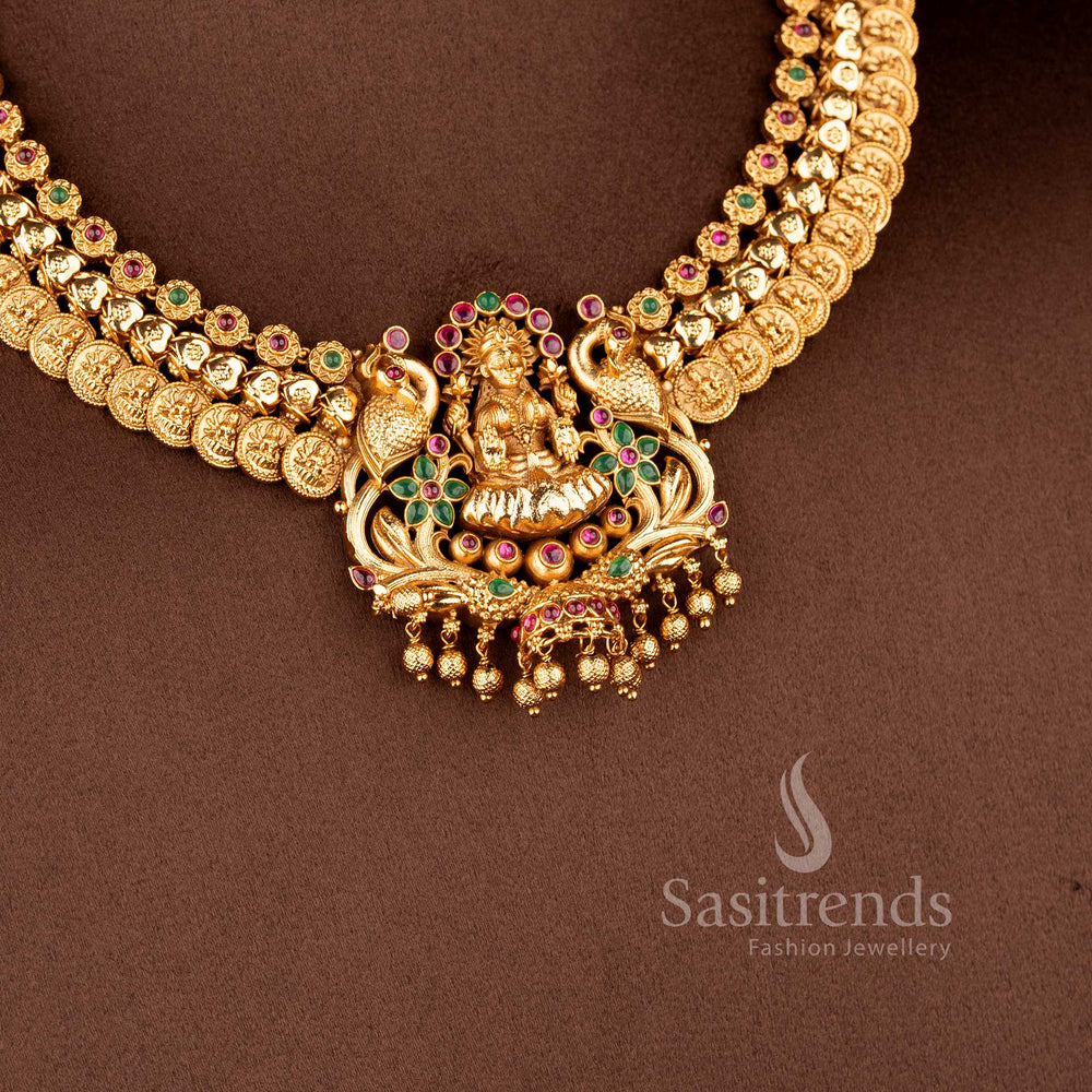 Grand Temple Jewellery Set for brides featuring a seated Lakshmi and peacock pendant on a double-row coin choker band - Sasitrends