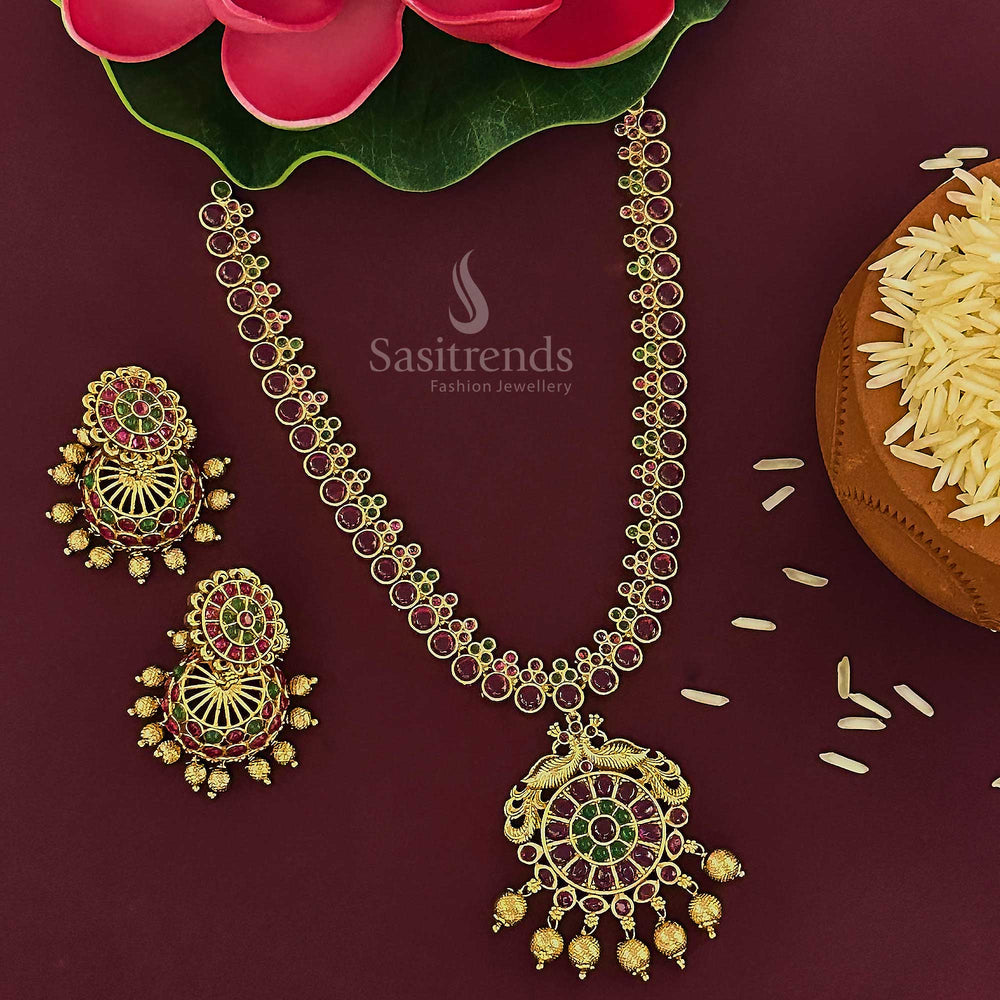 Antique Ruby-Green Floral Peacock Pendant Temple Matte Gold Plated Jewellery Set With Kemp Stones And Jhumka Earrings – A Stunning Fusion Of Vibrant Colours And South Indian Tradition For Festive Occasions – Sasitrends