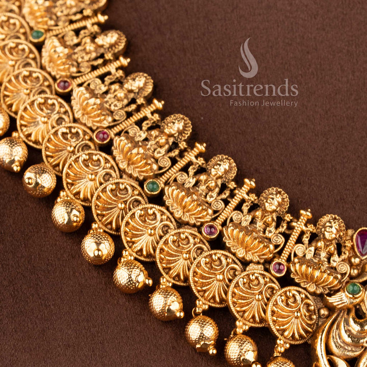 Traditional deity-stud jhumkas with stone-accented domes and gold bead clusters from the temple jewellery for wedding collection - Sasitrends