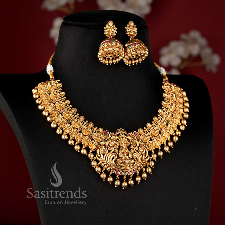 Bridal Wear Temple Matte Gold Plated Lakshmi and Peacock Choker Necklace Jewellery Set - Sasitrends