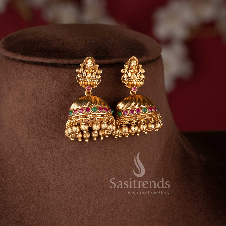 Grand Temple Jewellery Set for brides featuring an expansive Lakshmi deity pendant and a wide floral coin choker band - Sasitrends