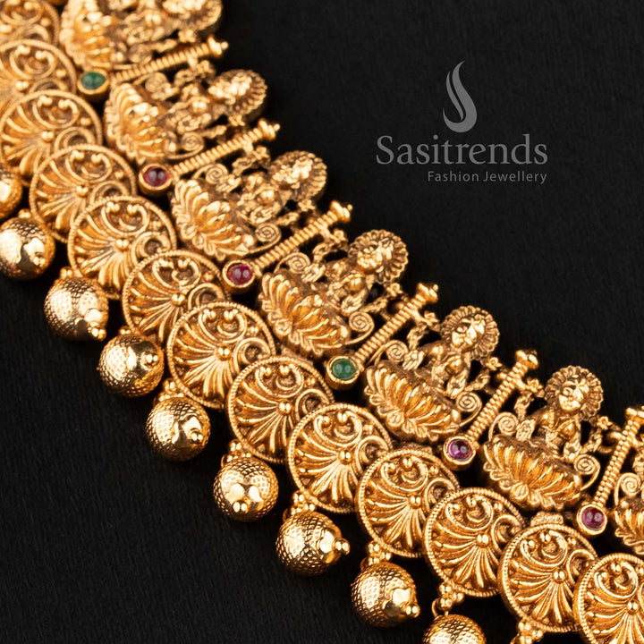 Grand Temple Jewellery Set for brides featuring an expansive Lakshmi deity pendant and a wide floral coin choker band - Sasitrends