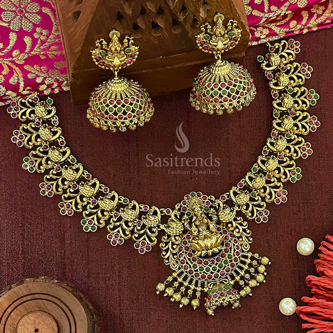 Matte Gold Plated Lakshmi & Peacock Choker Necklace Set with Jhumkas - Sasitrends