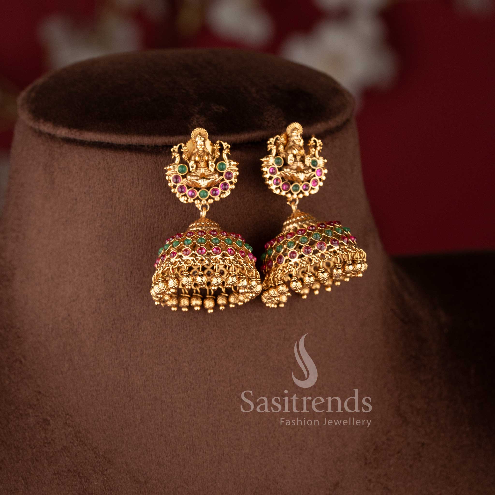 Traditional deity-stud jhumkas with stone-studded domes and gold bead drops from the temple jewellery for marriage collection - Sasitrends