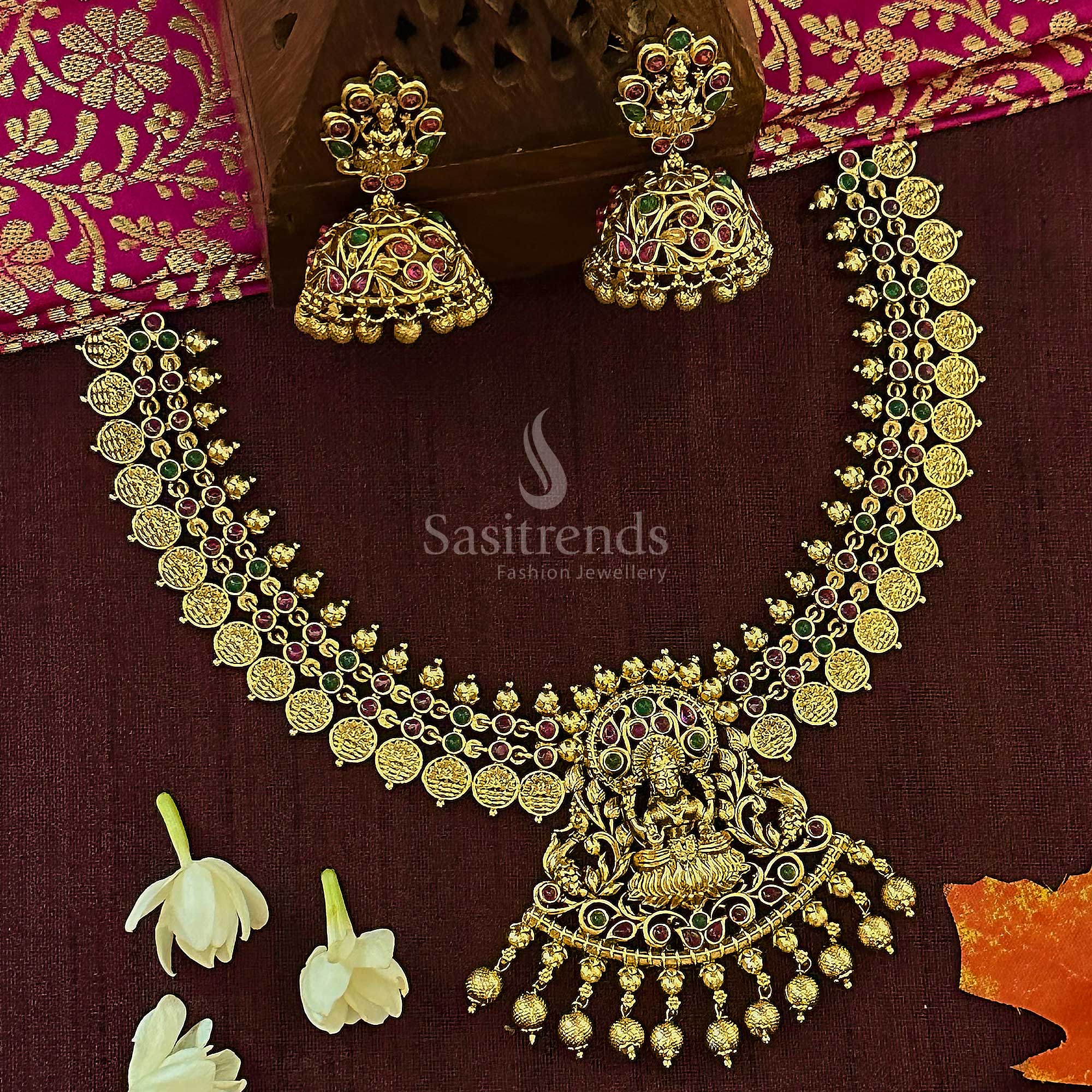 Matte Gold Plated Lakshmi Coin Choker Necklace with Peacock Motif - Sasitrends
