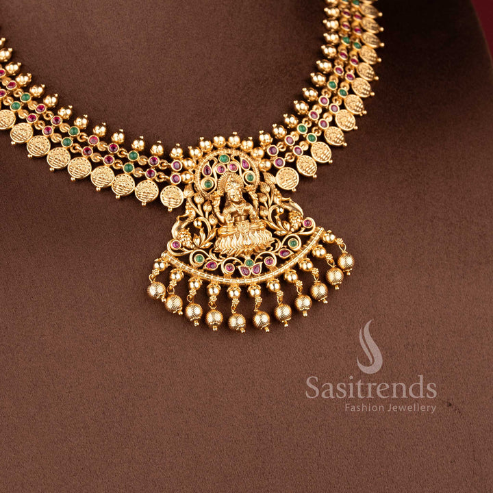 Traditional deity-stud jhumkas with stone-accented domes and gold bead drops from the temple jewellery for wedding collection - Sasitrends