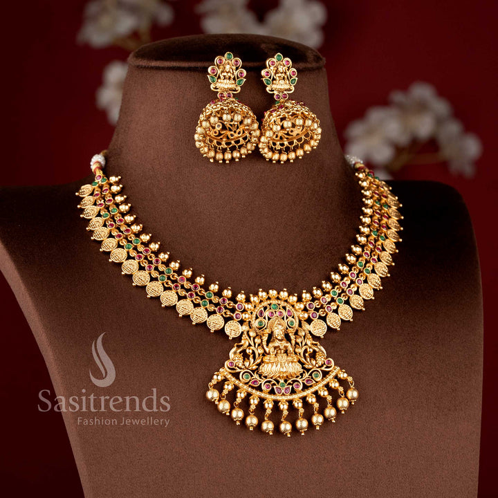 Latest Bridal Wear Temple Matte Gold Plated Lakshmi Coin Choker Necklace Jewellery Set with Peacock Motif - Sasitrends
