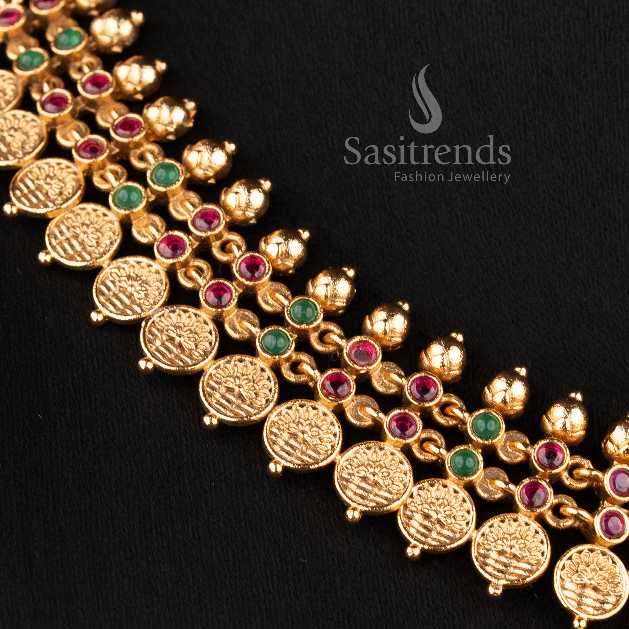 Traditional deity-stud jhumkas with stone-accented domes and gold bead drops from the temple jewellery for wedding collection - Sasitrends