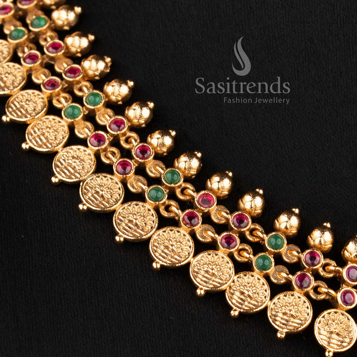 Traditional deity-stud jhumkas with stone-accented domes and gold bead drops from the temple jewellery for wedding collection - Sasitrends