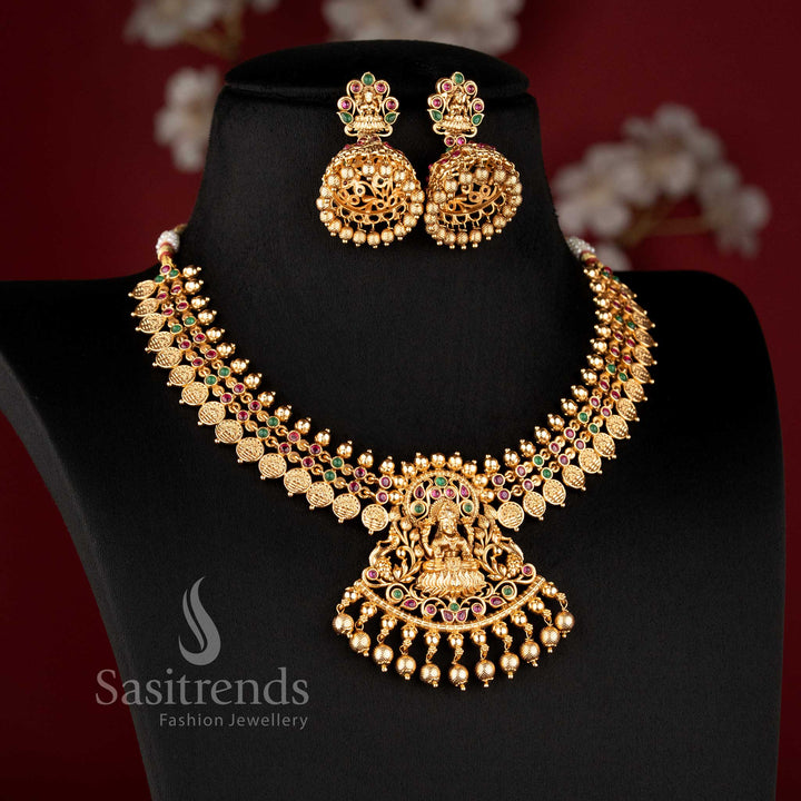 Traditional deity-stud jhumkas with stone-accented domes and gold bead drops from the temple jewellery for wedding collection - Sasitrends