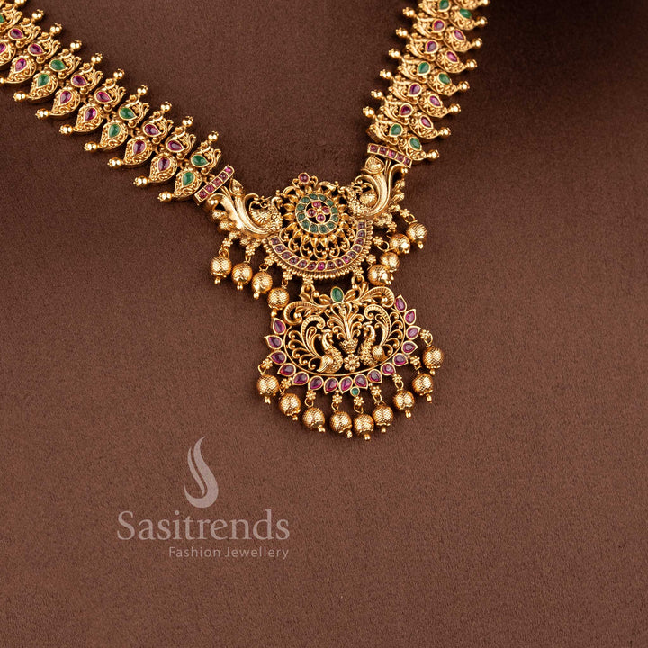Traditional peacock-stud jhumkas with stone-accented domes and gold bead drops from the temple jewellery for marriage collection - Sasitrends