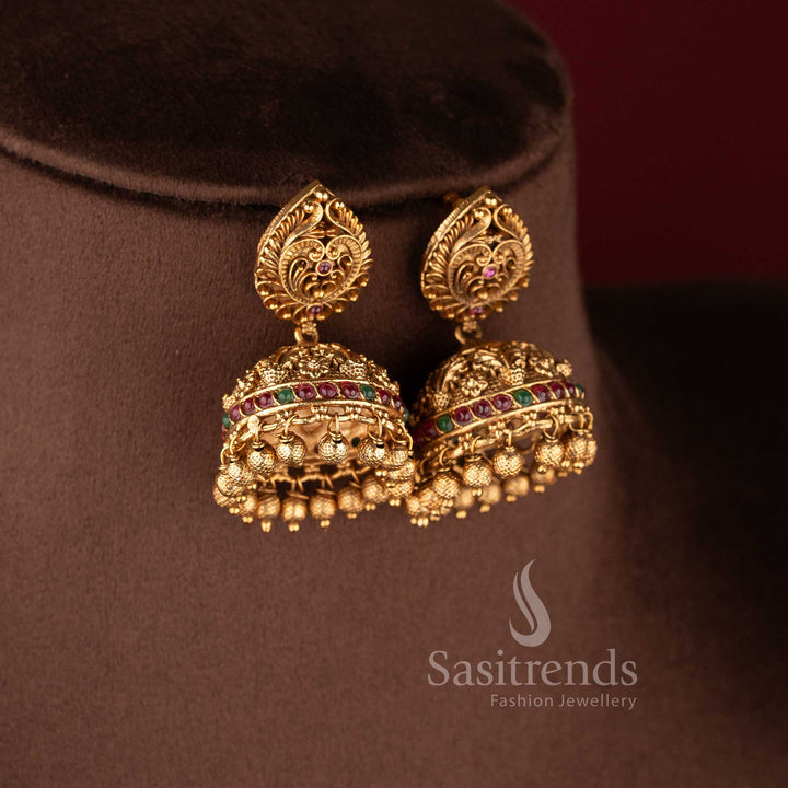 Traditional peacock-stud jhumkas with stone-accented domes and gold bead drops from the temple jewellery for marriage collection - Sasitrends