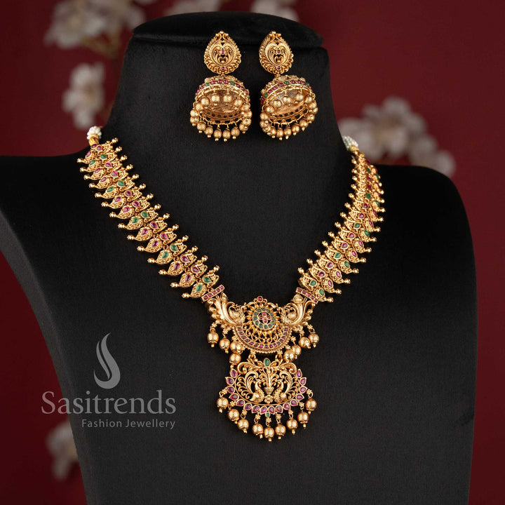 Traditional peacock-stud jhumkas with stone-accented domes and gold bead drops from the temple jewellery for marriage collection - Sasitrends
