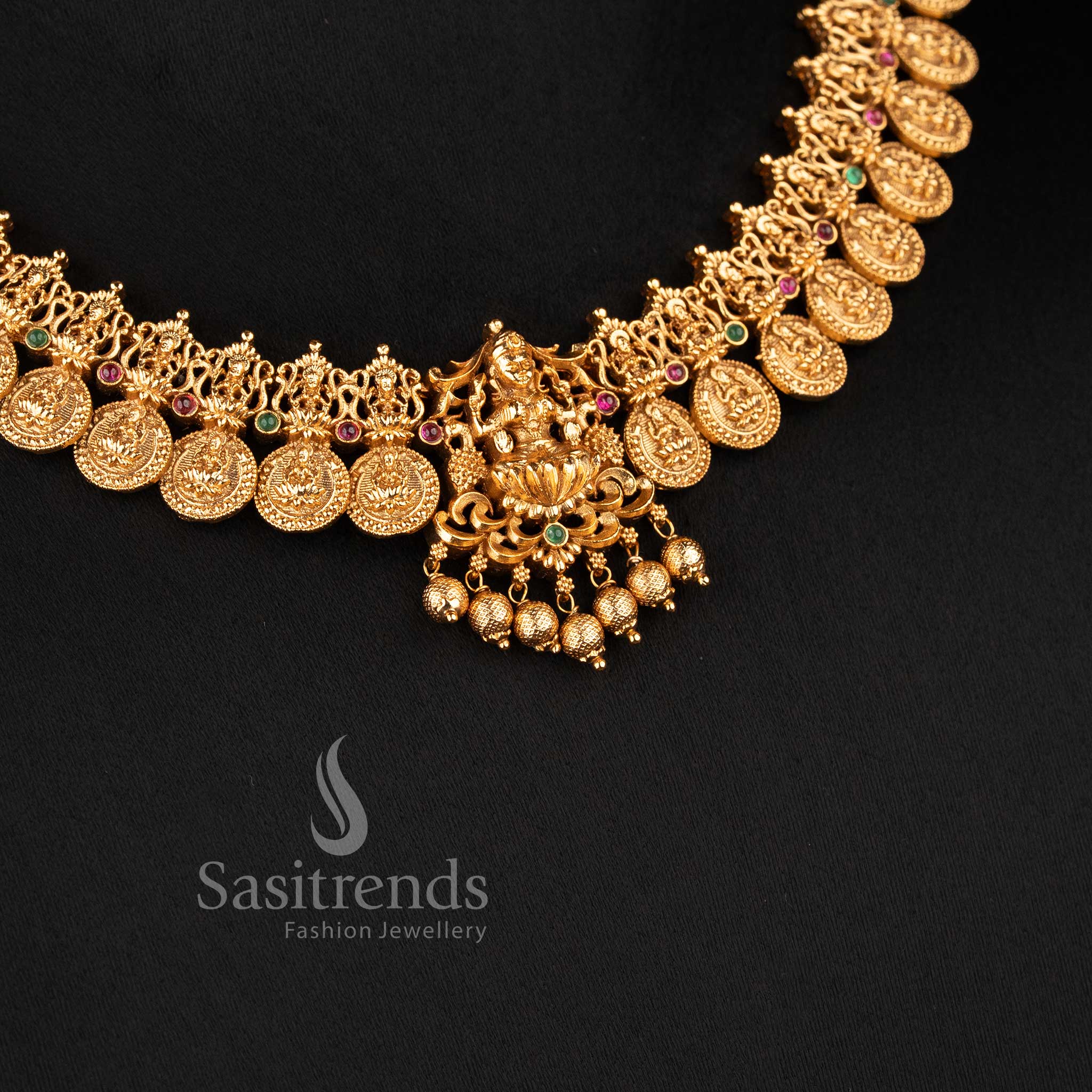 Temple jhumkas with Lakshmi studs and intricate filigree domes from the temple jewellery Set for wedding collection - Sasitrends