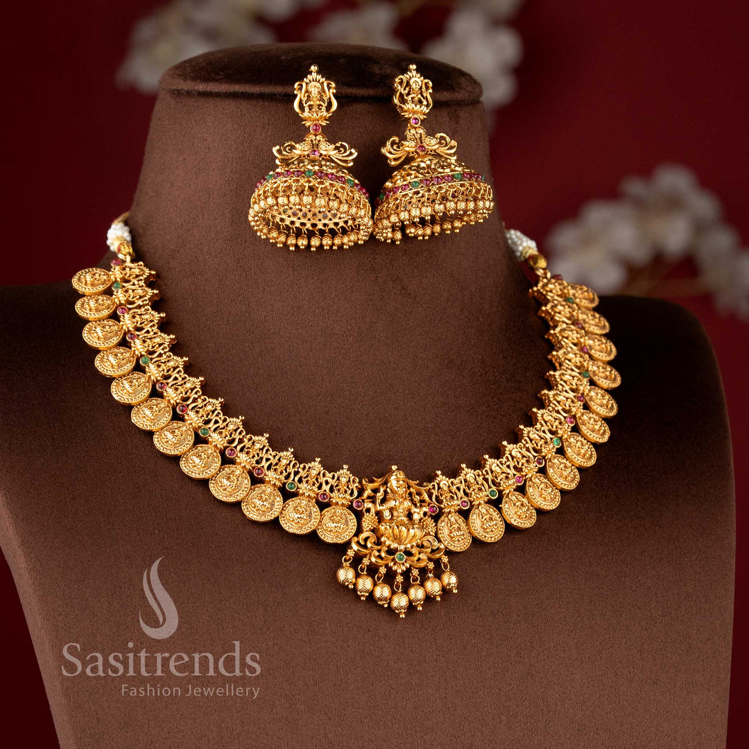 Grand Temple Jewellery Set for brides featuring a Lakshmi Kasu Mala (coin necklace) with a majestic central deity pendant - Sasitrends