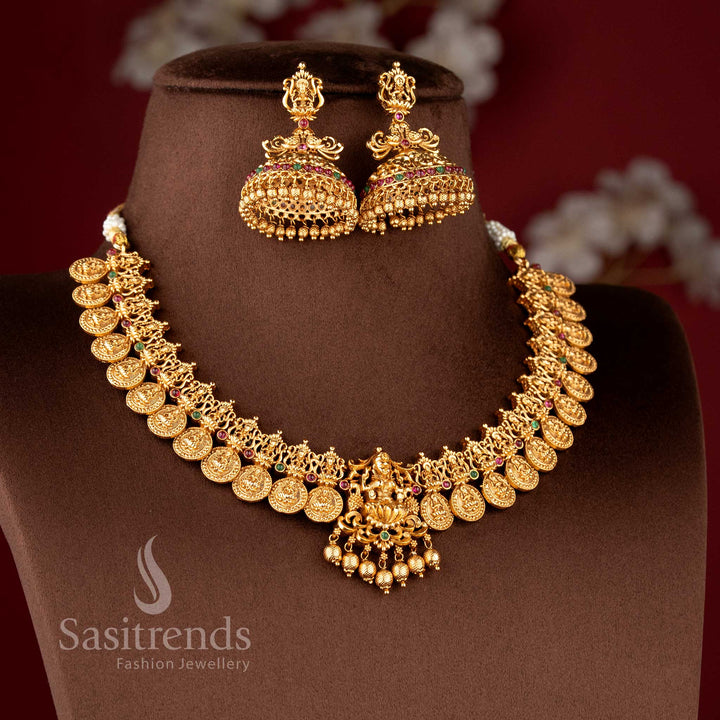 Gorgeous Bridal Wear Temple Matte Gold Plated Lakshmi Coin and Peacock Choker Necklace Jewellery Set - Sasitrends