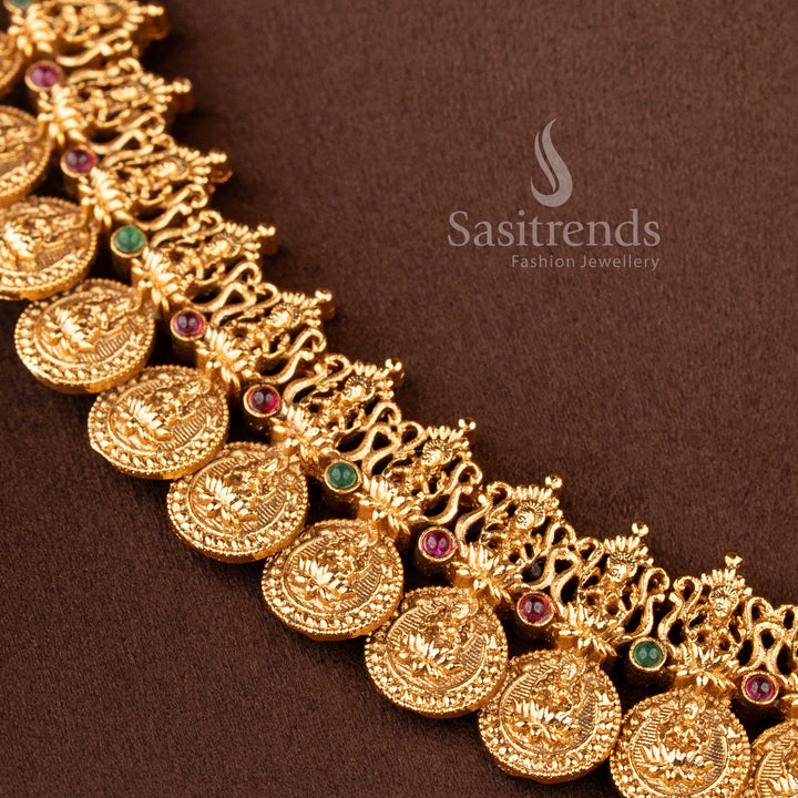 Grand Temple Jewellery Set for brides featuring a Lakshmi Kasu Mala (coin necklace) with a majestic central deity pendant - Sasitrends